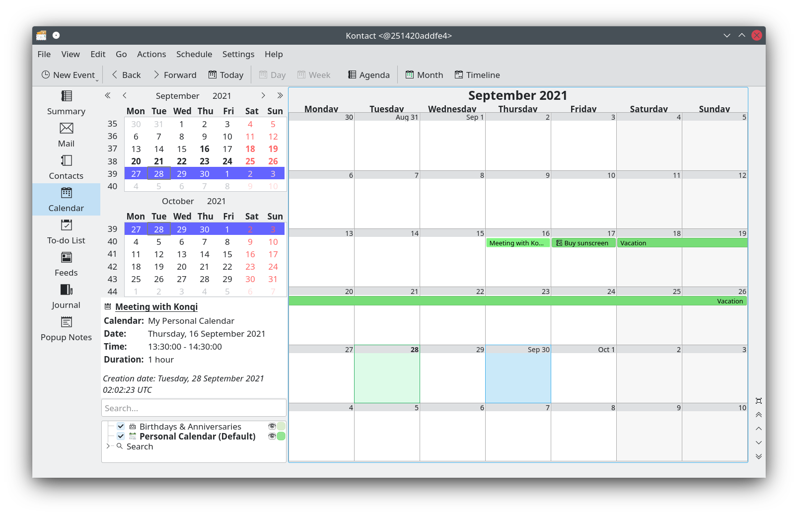 Organise your time, manage events, create to-dos or schedule meetings with KOrganizer