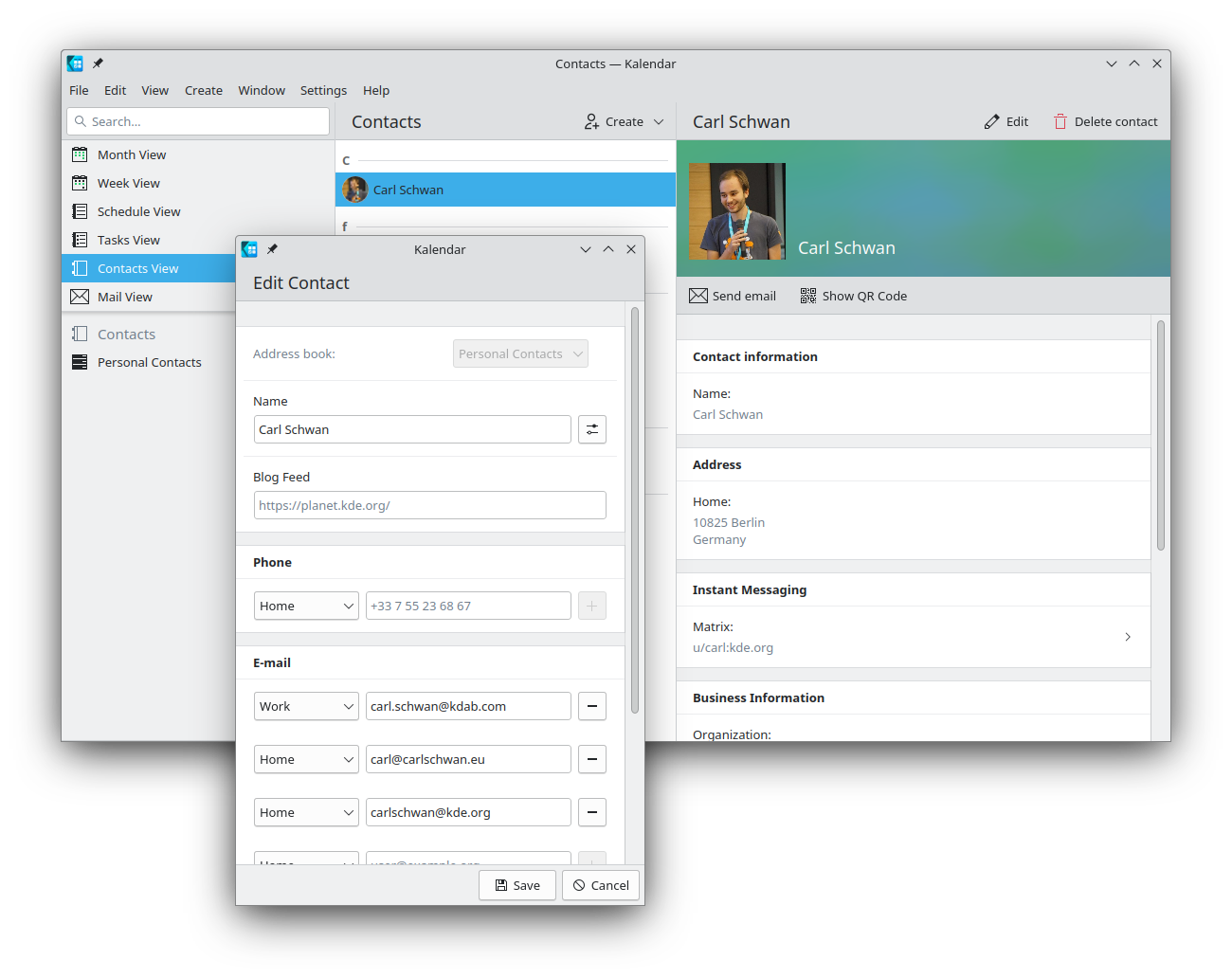 Screenshot of Kalendar showing the redesigned contact editor