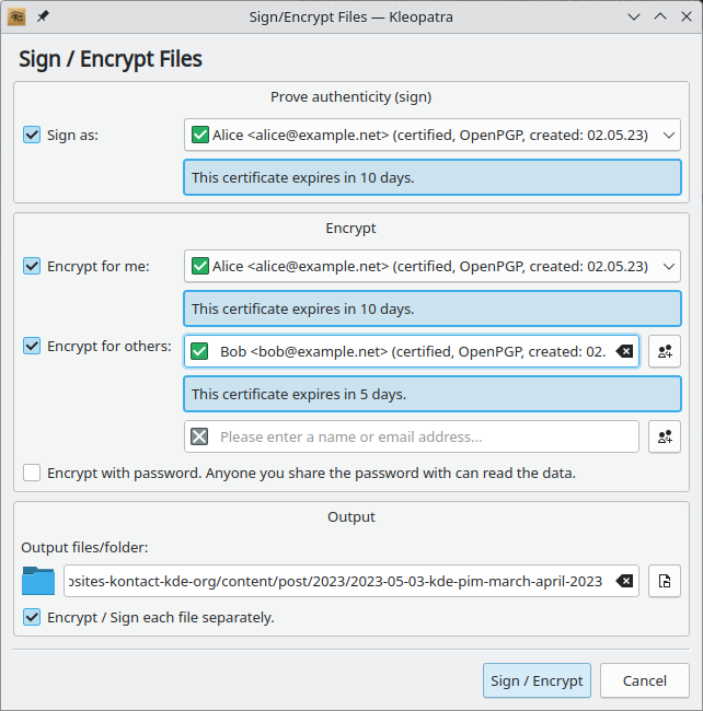 Screenshot showing Kleopatra's Sign/Encrypt dialog with hints about soon expiring certificates
