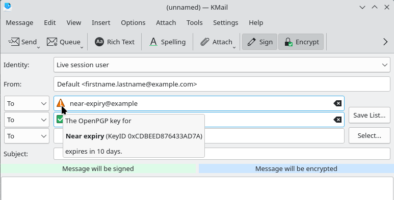 Composer showing a warning that recipients key will expire soon