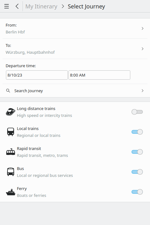 Transport mode preferences in KDE Itinerary