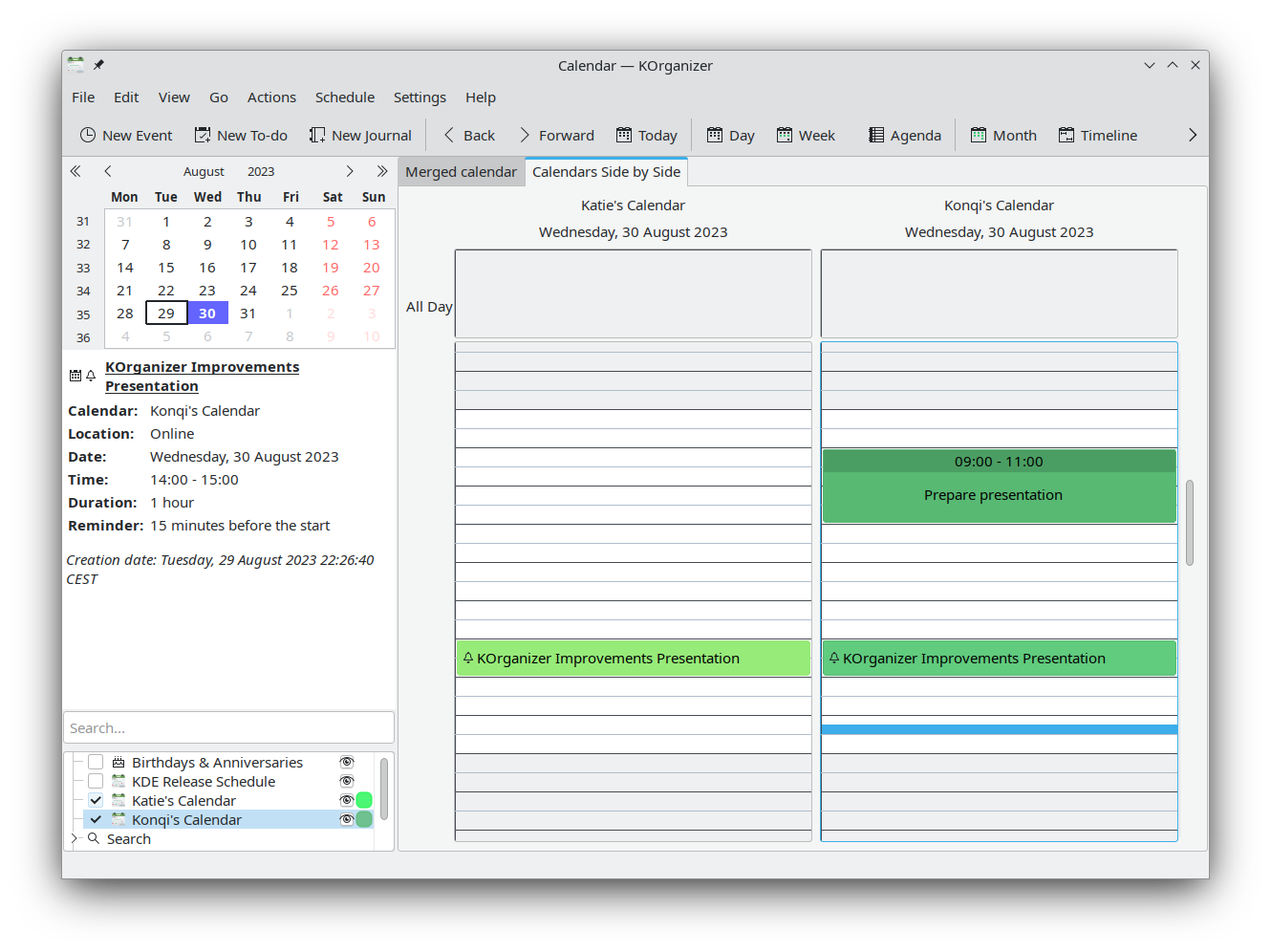 Agenda multi-view showing two calendars with identical meeting invitation