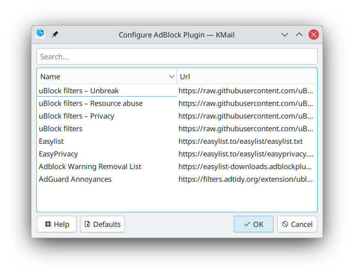 Adblock configuration with the list of adblock list