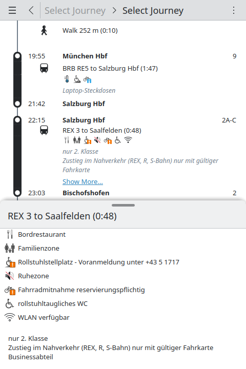Itinerary showing train ammentities in journey search results.