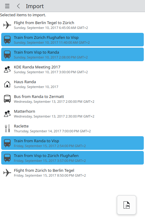 Screenshot of Itinerary showing import staging area