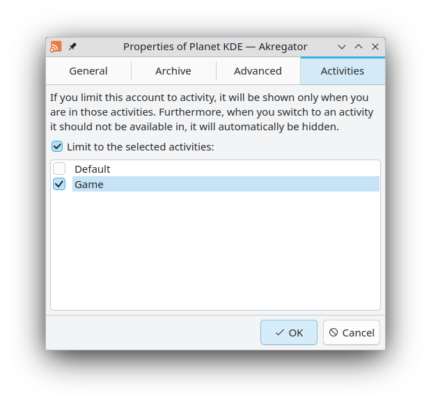 Akregator Activities settings dialog