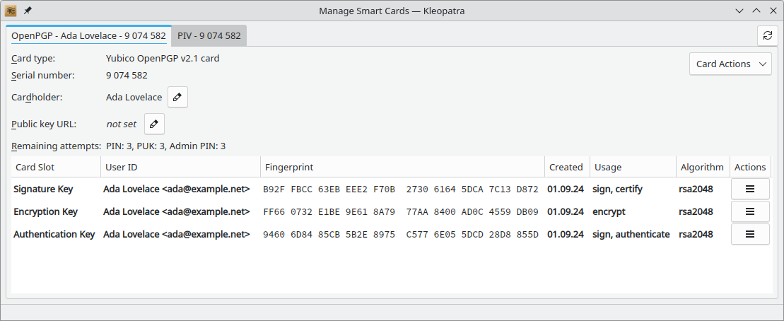 Kleopatra's new OpenPGP smart card view