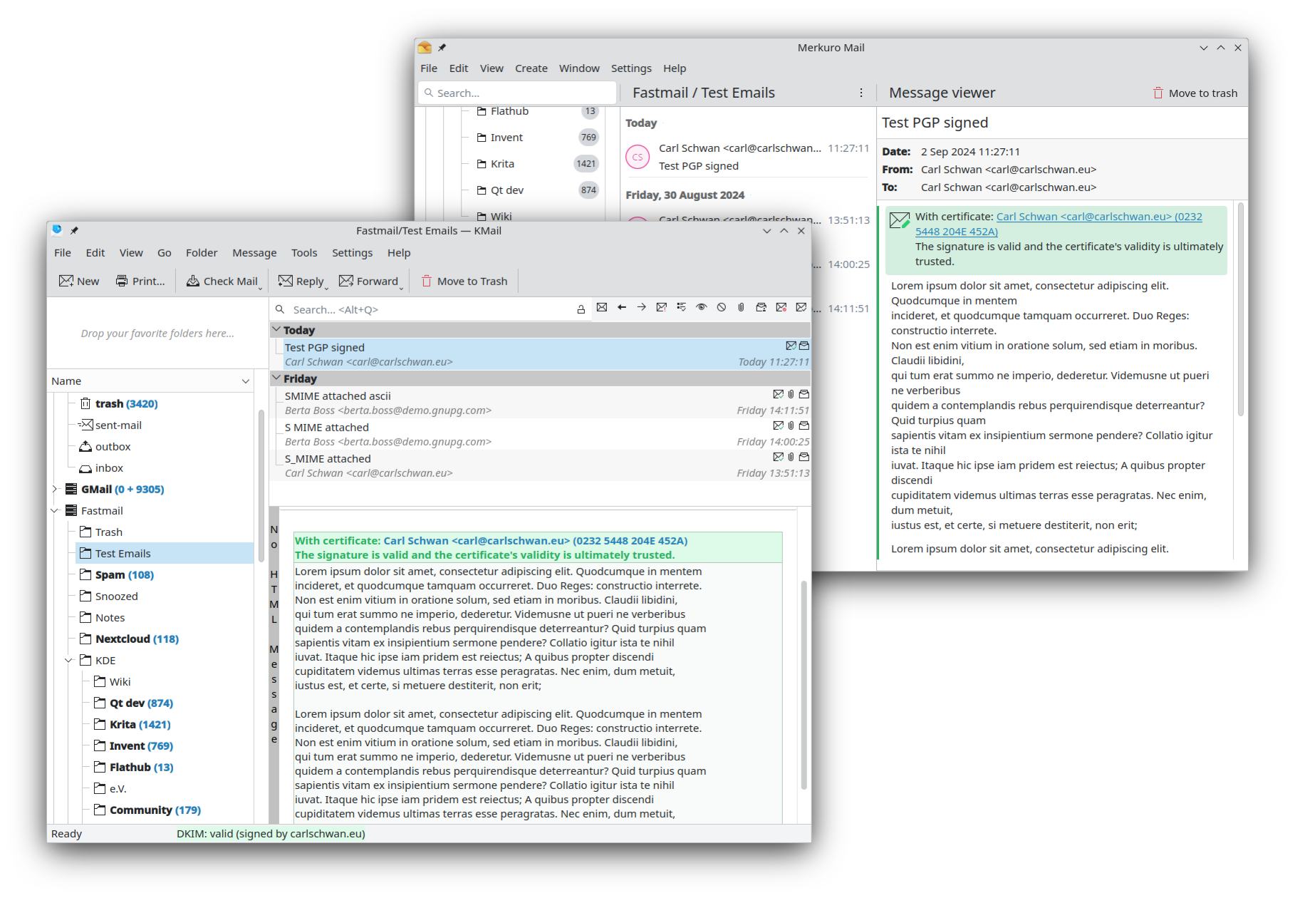Signed message showned in KMail and Merkuro